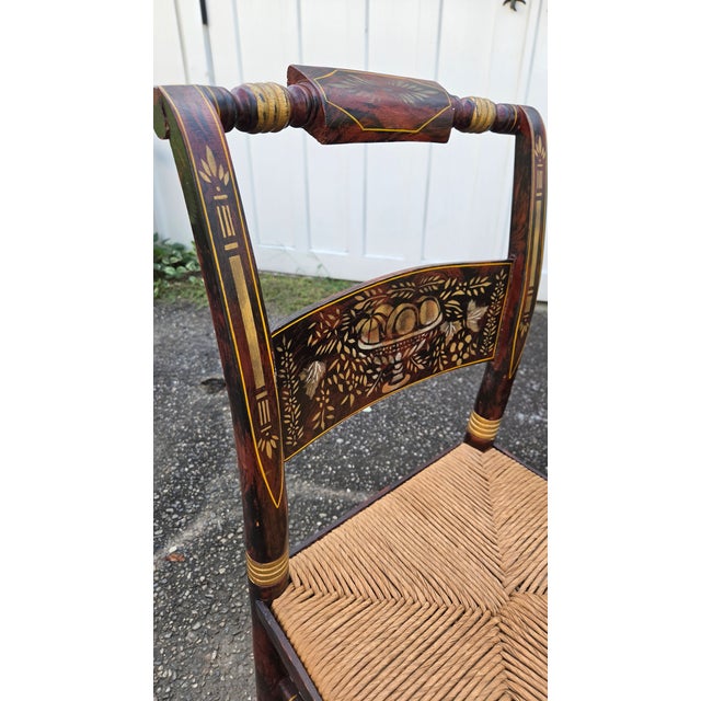 Brick Red 20th-Century Hitchcock-Style Harvest-Stenciled Rush-Seat Dining Chairs—Set of Four For Sale - Image 8 of 18