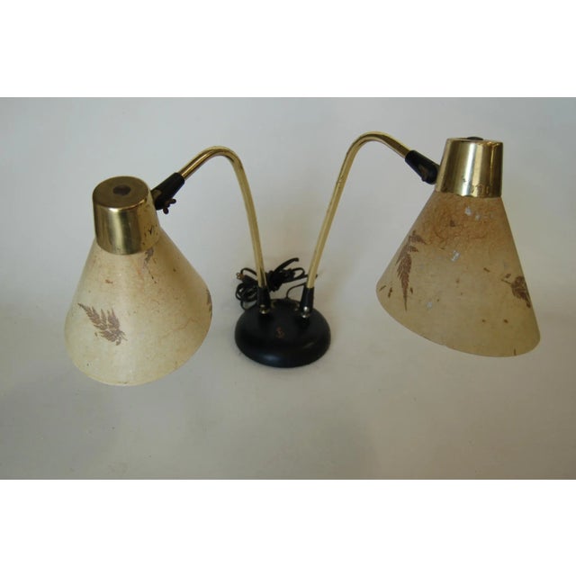 Pressed floral fiberglass double gooseneck brass adjustable cone desk table lamp. Measures 24" wide x 16" deep x 16" x 13...