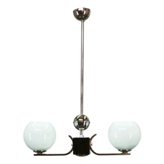 Art Deco Chrome and Opaline Glass Chandelier, Former Czechoslovakia, 1930s For Sale