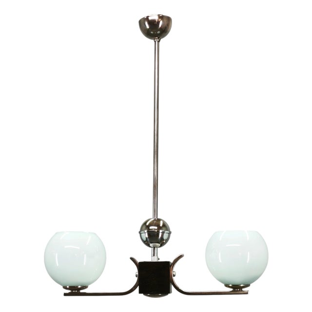 Art Deco Chrome and Opaline Glass Chandelier, Former Czechoslovakia, 1930s For Sale