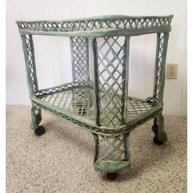 wonderful rolling bar cart with casters, vintage 1970s, sage green basketweave, feels like lightweight wood, not wicker,...