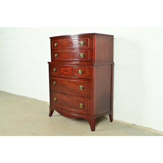 National Furniture Company Federal Inlaid Mahogany Bow Front Highboy Dresser by National Furniture, Circa 1960s For Sale - Image 4 of 14