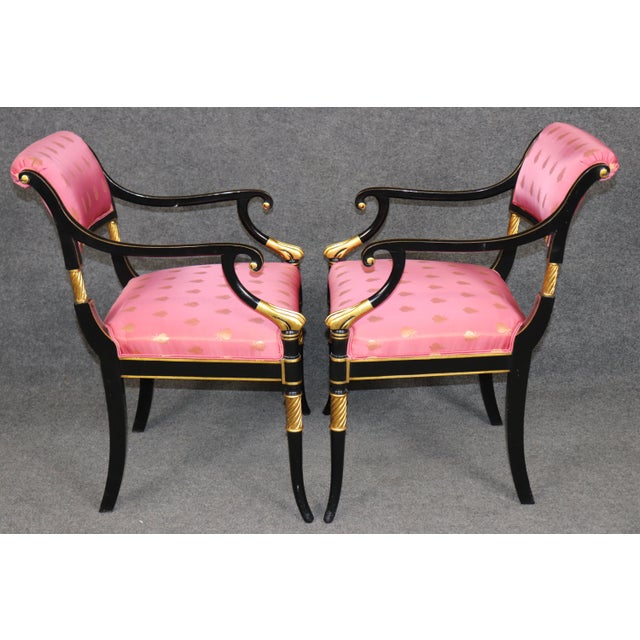 Hollywood Regency Pair of Hollywood Regency Style Ebonized & Gilt Armchairs by Karges For Sale - Image 3 of 14