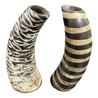 Set of 2 Vintage Burnished Large Horn Vases For Sale