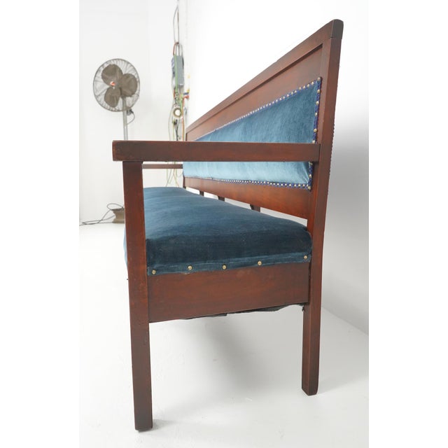 Mid 20th Century Traditional 114.75 In. Blue Velvet Walnut Settee Bench For Sale - Image 9 of 12