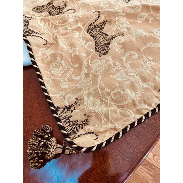 Vintage New Condition Tiger Print 63” Square Overlay/Table Topper With Rich Deep Black/Gold Piped Edge. Removal Black and Gold Tassels. For Sale In Atlanta - Image 6 of 8