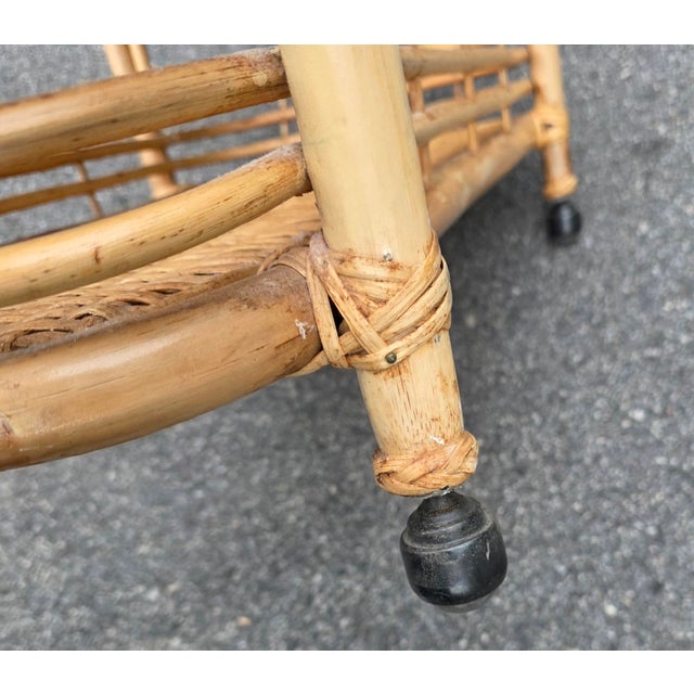 Vintage Coastal Three-Tier Rattan and Wicker Bar Cart or Étagère on Casters For Sale - Image 4 of 11