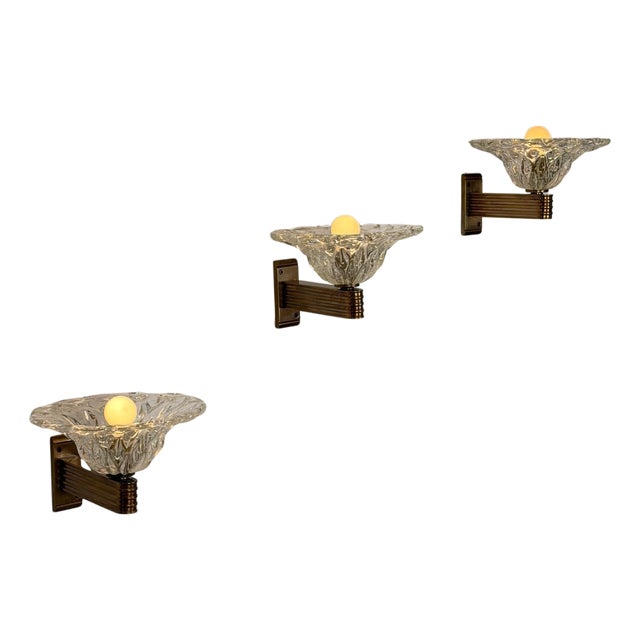 Bullicante Glass Wall Sconces by Barovier & Toso for Erco, 1940s, Set of 3 For Sale