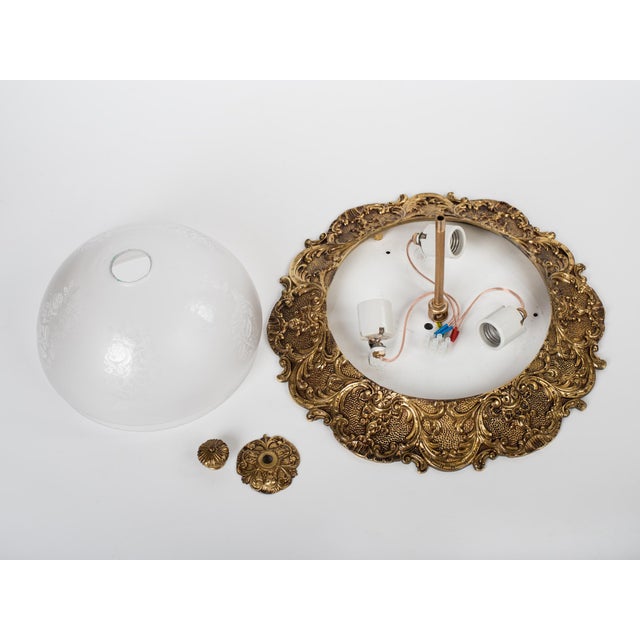 1950s 1950s Spanish Rococo Heavy Sand-Cast Bronze Flush Mount Ceiling Light With Etched Frosted Glass Dome For Sale - Image 5 of 12