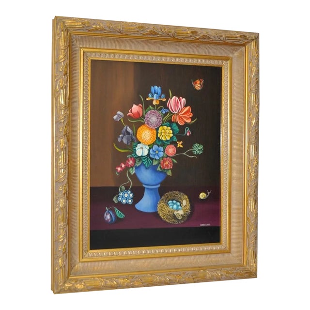 Edward Lupper Floral Still Life w/ Butterfly, Snail & Birds Nest For Sale