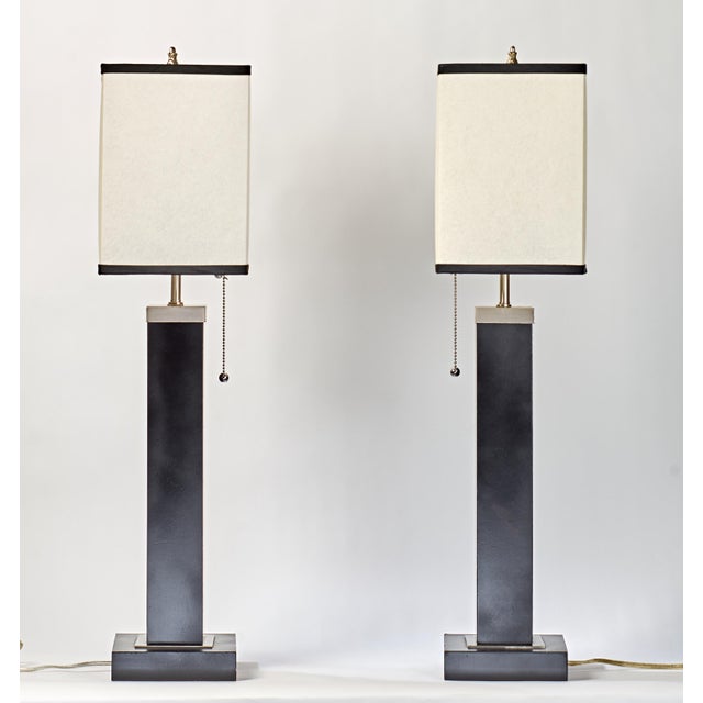 Mid-Century Modern 1980s Pair of Black and Chrome Table Lamps With Cream Rectangular Shades For Sale - Image 3 of 12