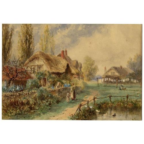 An original early 20th-century watercolour painting, William Henry Harford, Thatched Cottage Scene.A delightful...