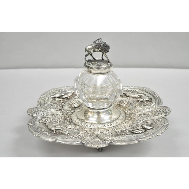 Antique English Victorian Stag Mounted Crystal Glass Inkwell Silver Plated Tray. Item is raised on ball and claw feet with...