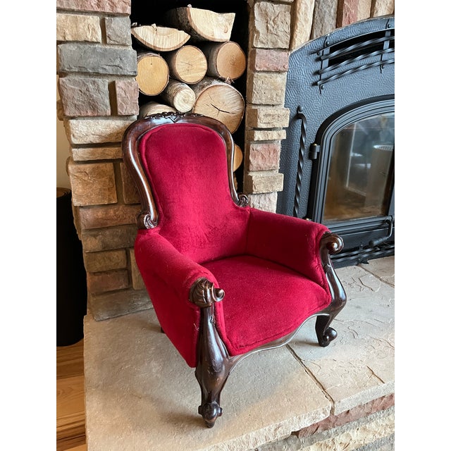 Textile Vintage Red Velvet Children / Dog Grandfathers Chair For Sale - Image 7 of 11