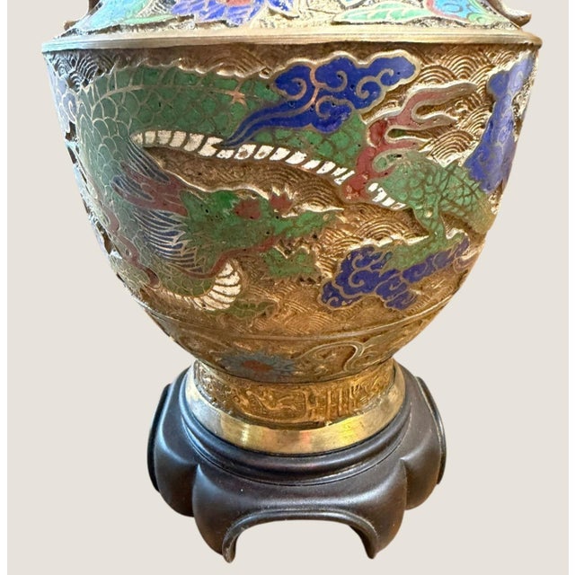 Late 19th Century Vintage Chinese Champleve Brass Dragon Phoenix Elephant Handle Table Lamp For Sale - Image 5 of 10