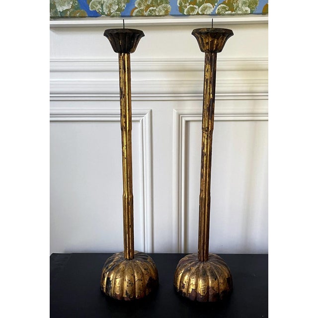 Pair of Large Japanese Carved Wood Temple Candleholders Edo Period For Sale - Image 11 of 18