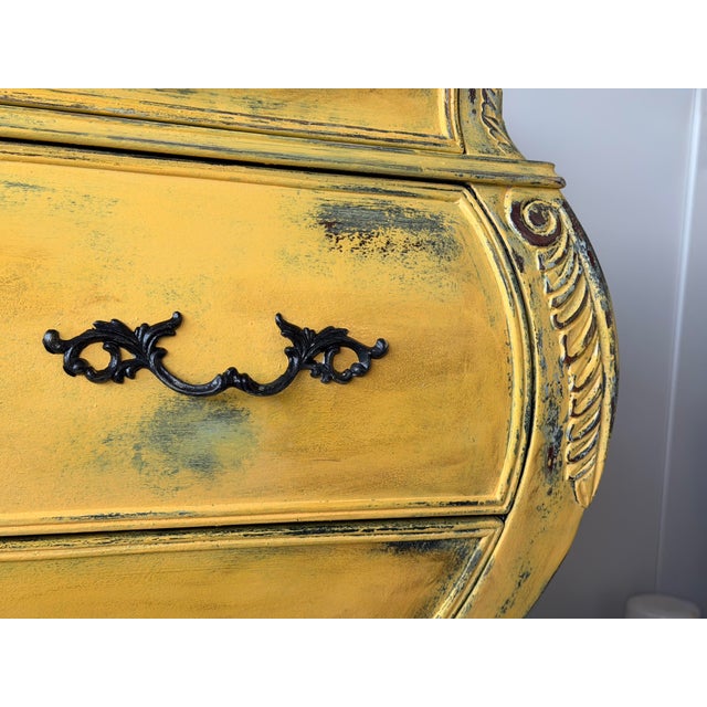 French Provincial Bombe Commode With Marble Top in Distressed Mustard Finish For Sale - Image 10 of 14