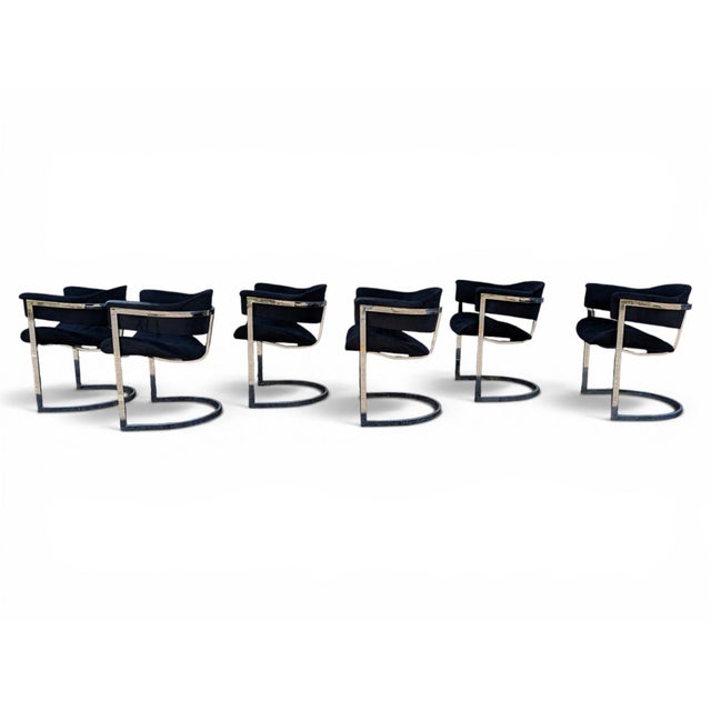 Mid-Century Modern Dining Chairs in Steel and Black Velvet, 1970s, Set of 6 For Sale - Image 3 of 18