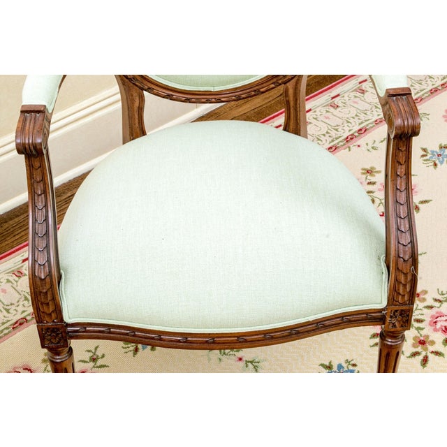 Pair of French Louis XVI Revival Fruitwood Fauteuil Arm Chairs, Circa 1910–1920 For Sale - Image 4 of 7