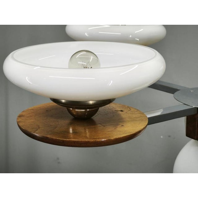 Czech Art Deco Chrome and Opaline Glass Chandelier in Walnut, 1930s For Sale - Image 13 of 17