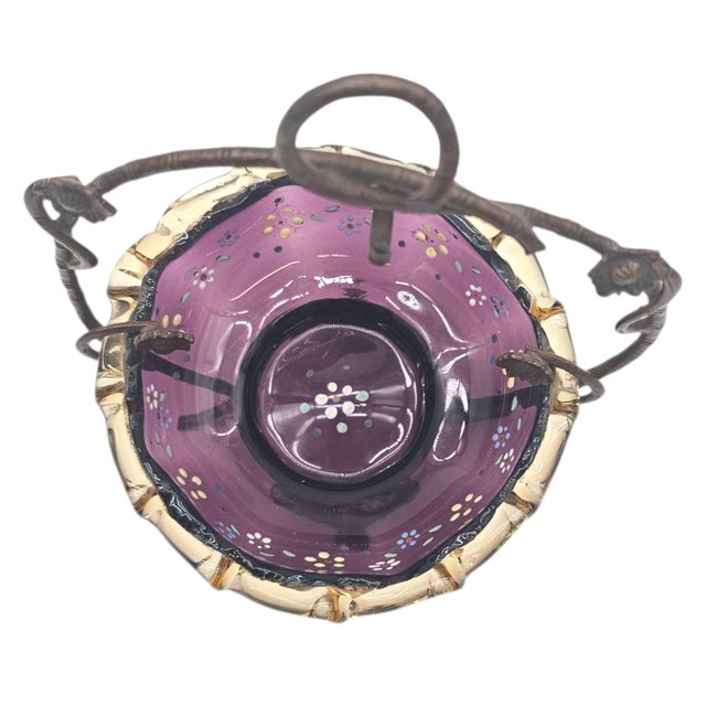 Belle Époque Amethyst Enameled Floral Sugar / Caviar Bowl in Scrolled Iron Stand, Circa 1880 For Sale In San Francisco - Image 6 of 8
