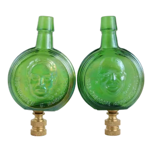 Green Carnival Glass Bottle Lamp Finials on Brass Hardware - a Pair