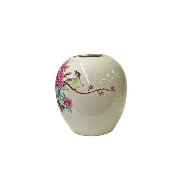 Chinese Vintage Chinese Pink Peonies Round White Porcelain Pot Vase For Sale - Image 3 of 6