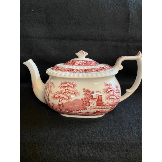English Rare Find; Spode “Pink Tower” Design; English Transferware Tea Pot.Charming; Unique Handle Loop-Single Rest & Loop-Kick Shapes. For Sale - Image 3 of 11