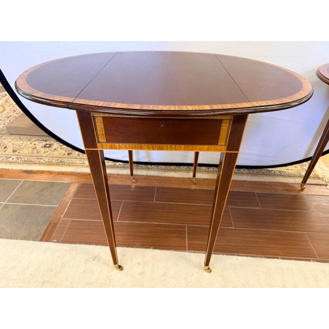 Pair of Mahogany Inlay Pembroke Drop Leaf End Tables For Sale - Image 9 of 11