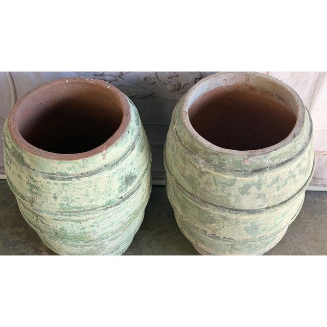 Pair of Mediterranean Barrel Olive Jars - Heavily Patinated Verdigris Terracota For Sale - Image 4 of 14