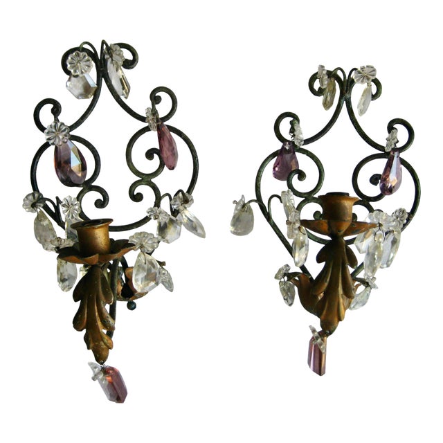 1920 French Iron Crystal Sconces - a Pair For Sale