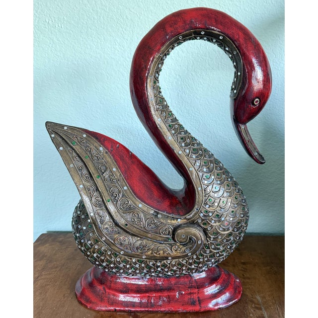 Three Large Asian Wood Carved Duck Statues With Mirror Inlay For Sale - Image 9 of 17