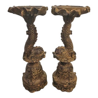 Vintage Koi Fish Resin Brown Chinoiserie Pillar Candle Stick Holders- a Pair For Sale