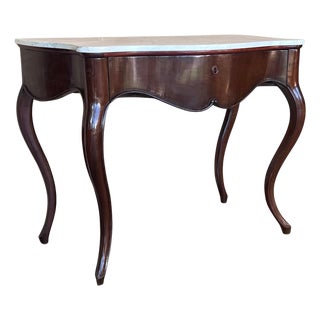 19th French Regency Carved Walnut Console Table with Drawer & Marble Top For Sale