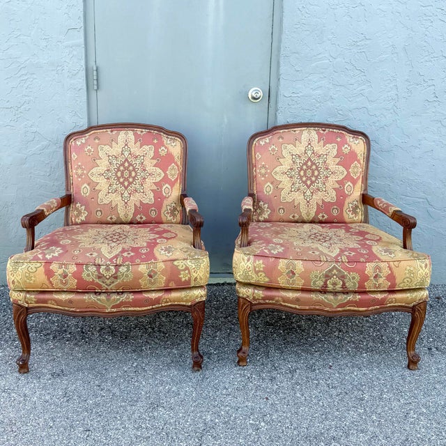 French Provincial Vintage French Provincial Lounge Chairs by Woodmark - A Pair For Sale - Image 3 of 9