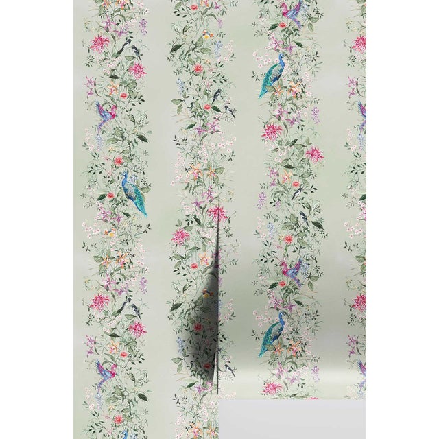 Mahjong Floral Stripe Grasscloth Wallpaper by House Party | Green Dragon | 6 Yards For Sale