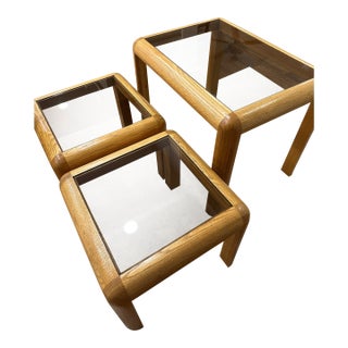 Danish Modern Trioh Møbler Style Solid Oak Side Tables (3) With Rounded Edges & Glass Top For Sale