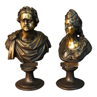 Pair of 19th Century Russian Bronze Busts of Peter I and Catherine the Great For Sale