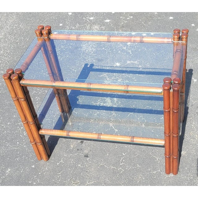 1980s Regency Style Faux Bamboo Mahogany Two Tier Glass Side Tables. A Pair For Sale - Image 5 of 13