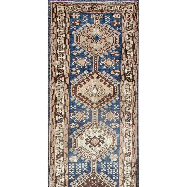 Antique Persian Karajeh runner with stacked medallion in taupe, cream, blue, rug , country of origin / type: Iran /...