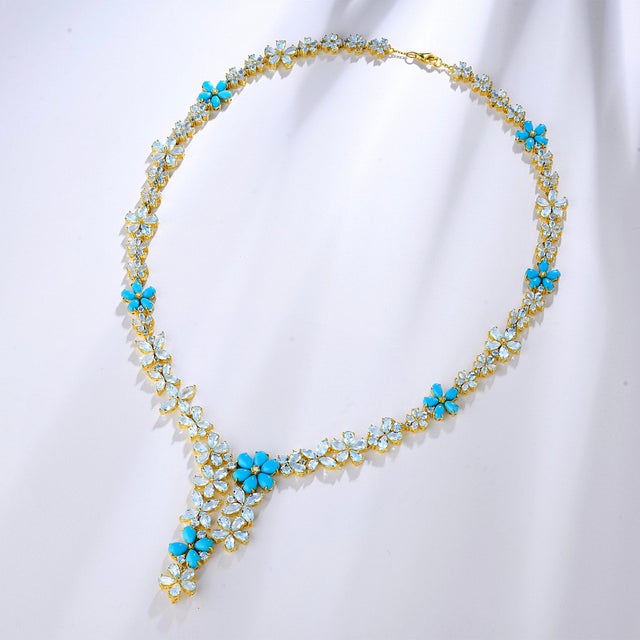 Metal Nina Zhou Serenity Aquamarine Turquoise Diamond Statement Necklace in 14k Yellow Gold For Sale - Image 7 of 11