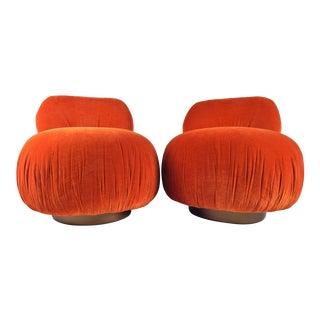 1970s Persimmon Velvet Pouf Swivel Chairs, Pair For Sale