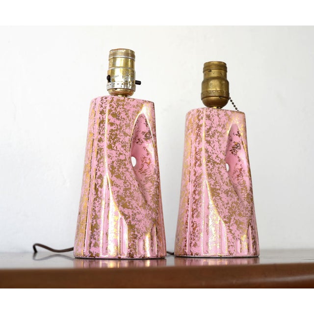1950s Mid Century Ceramic Pink & Gold Nightstand Lamps a Pair Chairish
