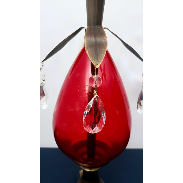Mid-Century Modern Ruby Red Glass Lamp With Gilt Brass and Crystal Prisms For Sale In Houston - Image 6 of 9