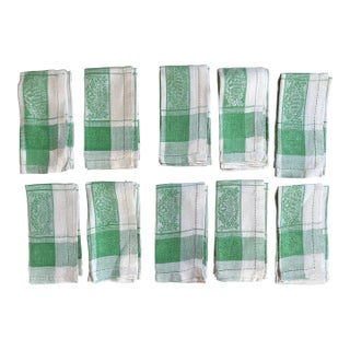 Vintage Green and White Linen Napkins Set of 10 For Sale