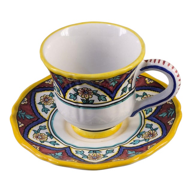 Blue Vintage Hand Painted Terra Cotta Italian Deruta Grazia Pottery Cup & Saucer For Sale - Image 8 of 8