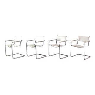 Vintage Italian White Leather and Chrome Cantilever Chairs, Italy, 1980s, Set of 4 For Sale