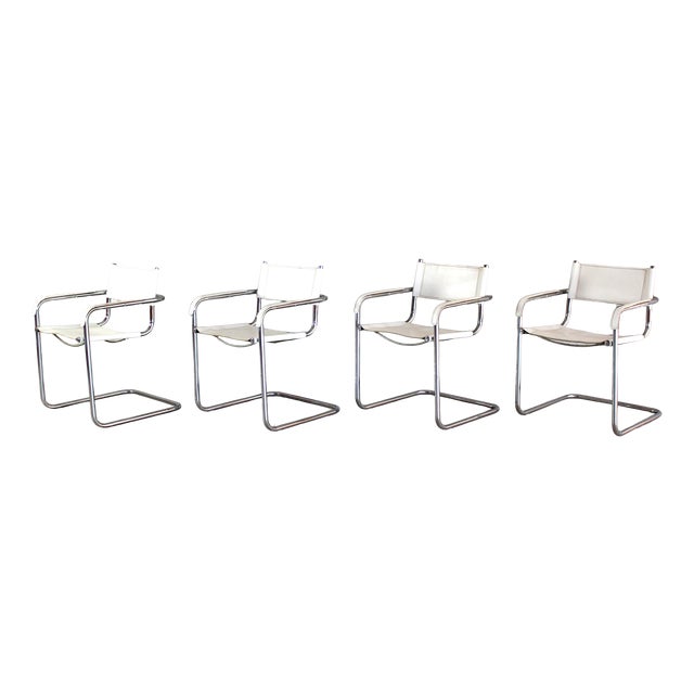 Vintage Italian White Leather and Chrome Cantilever Chairs, Italy, 1980s, Set of 4 For Sale