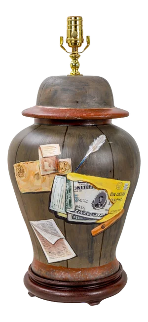 Vintage Temple Jar Handpainted in the Style of a Tromp'Loil , Money on Faux Wood