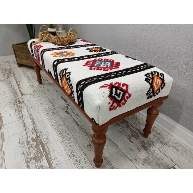 Wood Embroidered Hemp Kilim Ottoman Bench For Sale - Image 7 of 9